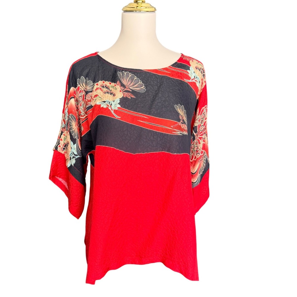 Dressori Womens Silk Floral Jacquard Kimono Sleeve Blouse Red Black Size M